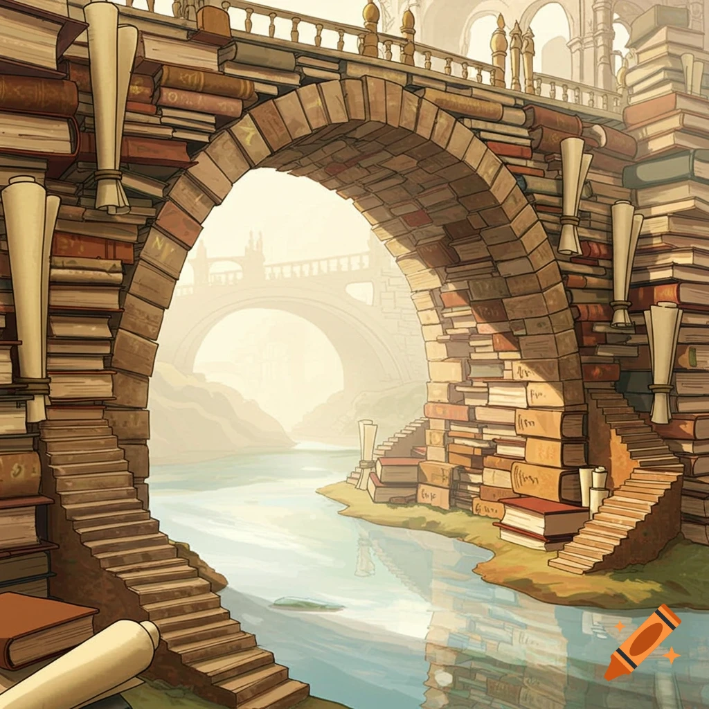 A bridge constructed from books and scrolls over a river.
