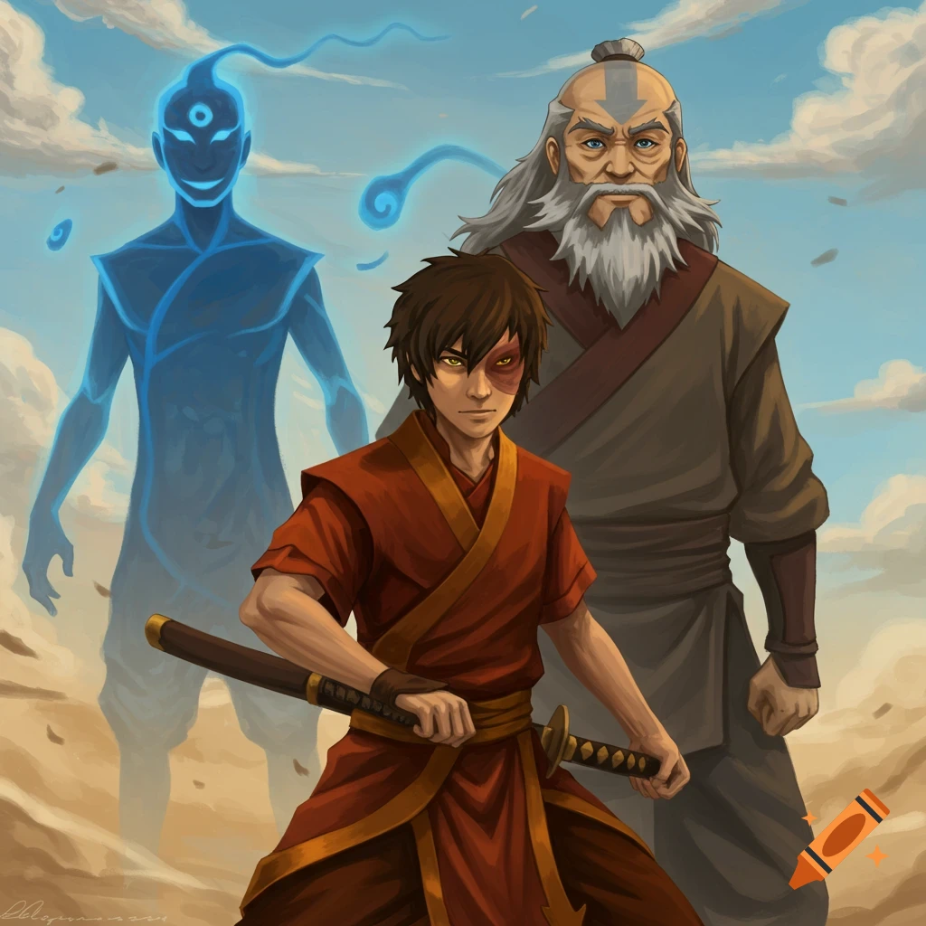 Zuko, Iroh, and the Blue Spirit from Avatar: The Last Airbender against a cloudy sky.