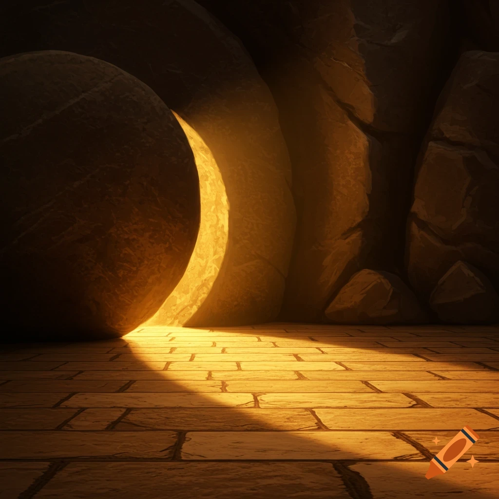 A large circular stone partially blocks a cave entrance from which warm light shines onto a stone floor.