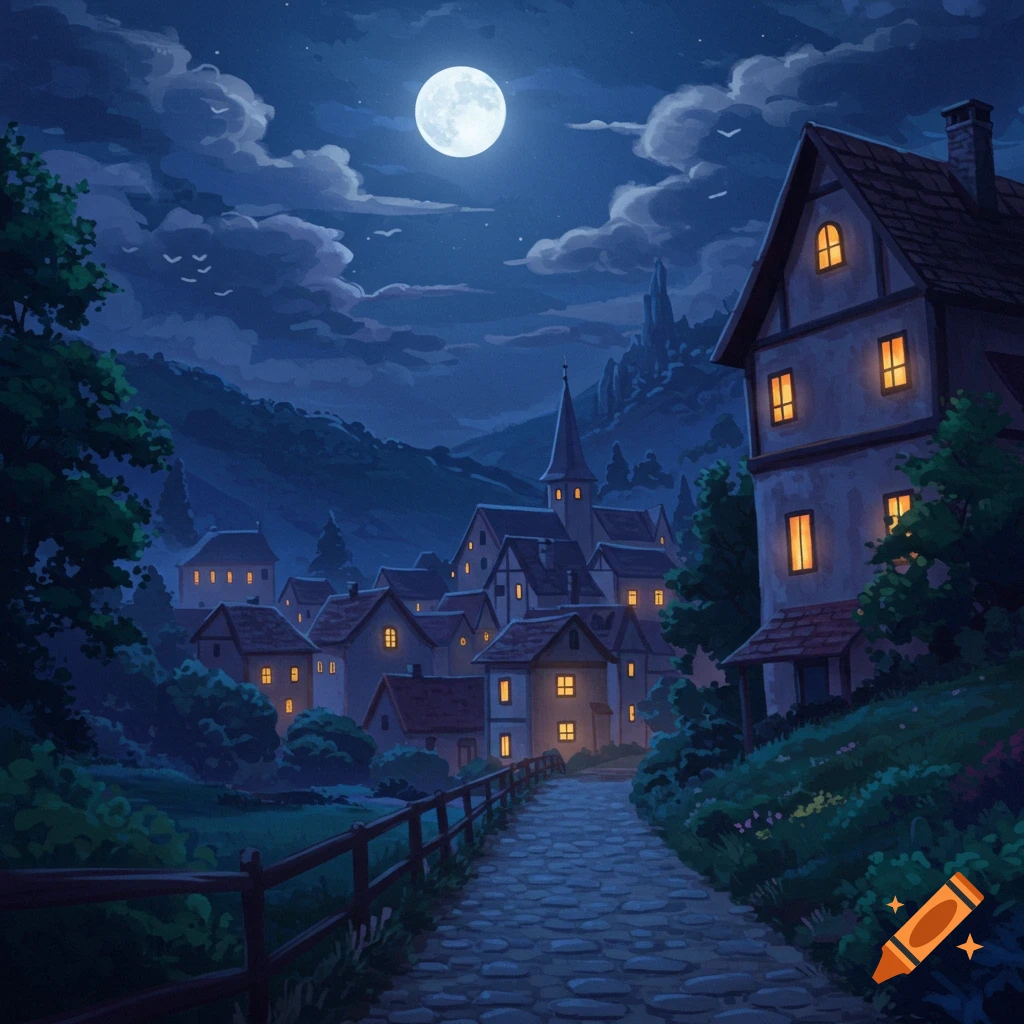 A moonlit village scene with houses and a path under a full moon.
