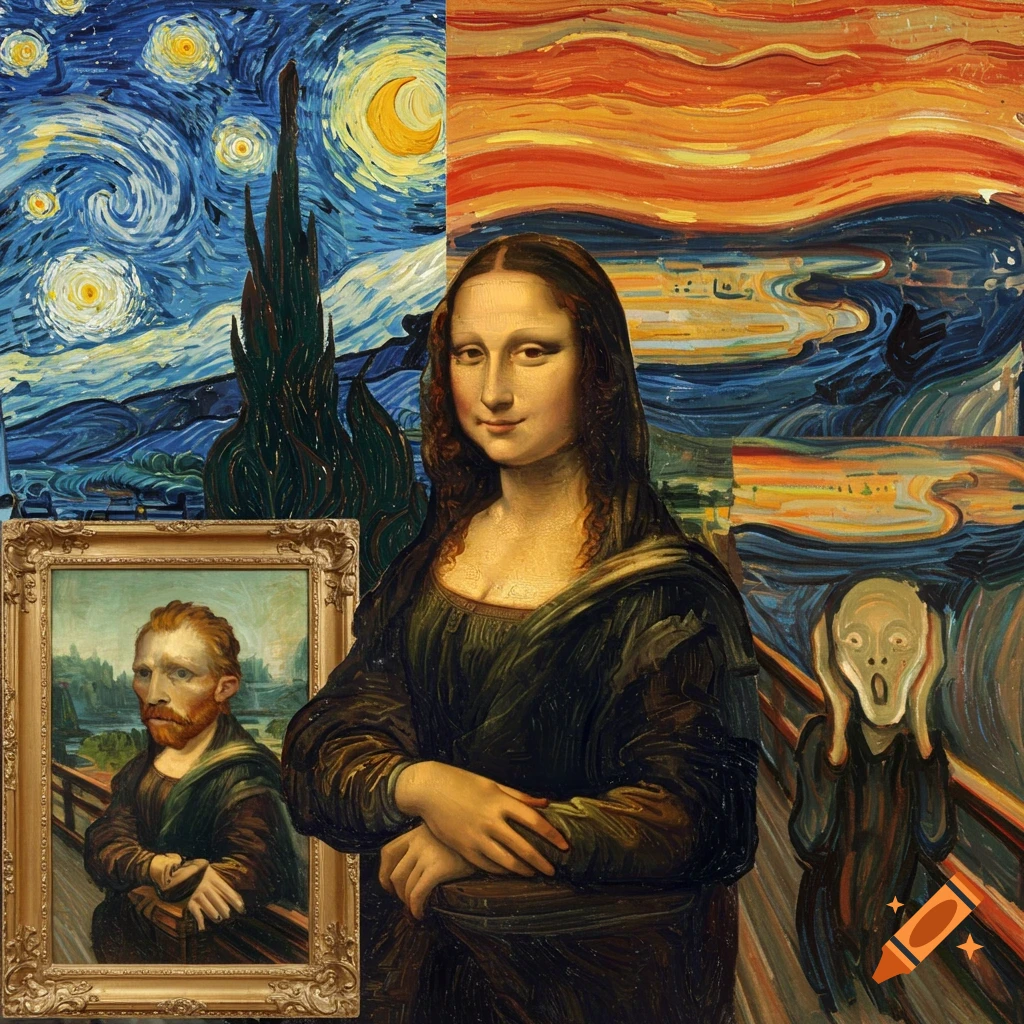 Collage of famous paintings including Mona Lisa, Van Gogh self-portrait, Starry Night, and The Scream.