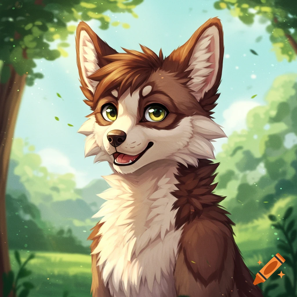 A cute cartoon furry character, a brown and white fox or wolf, smiling in a forest setting.