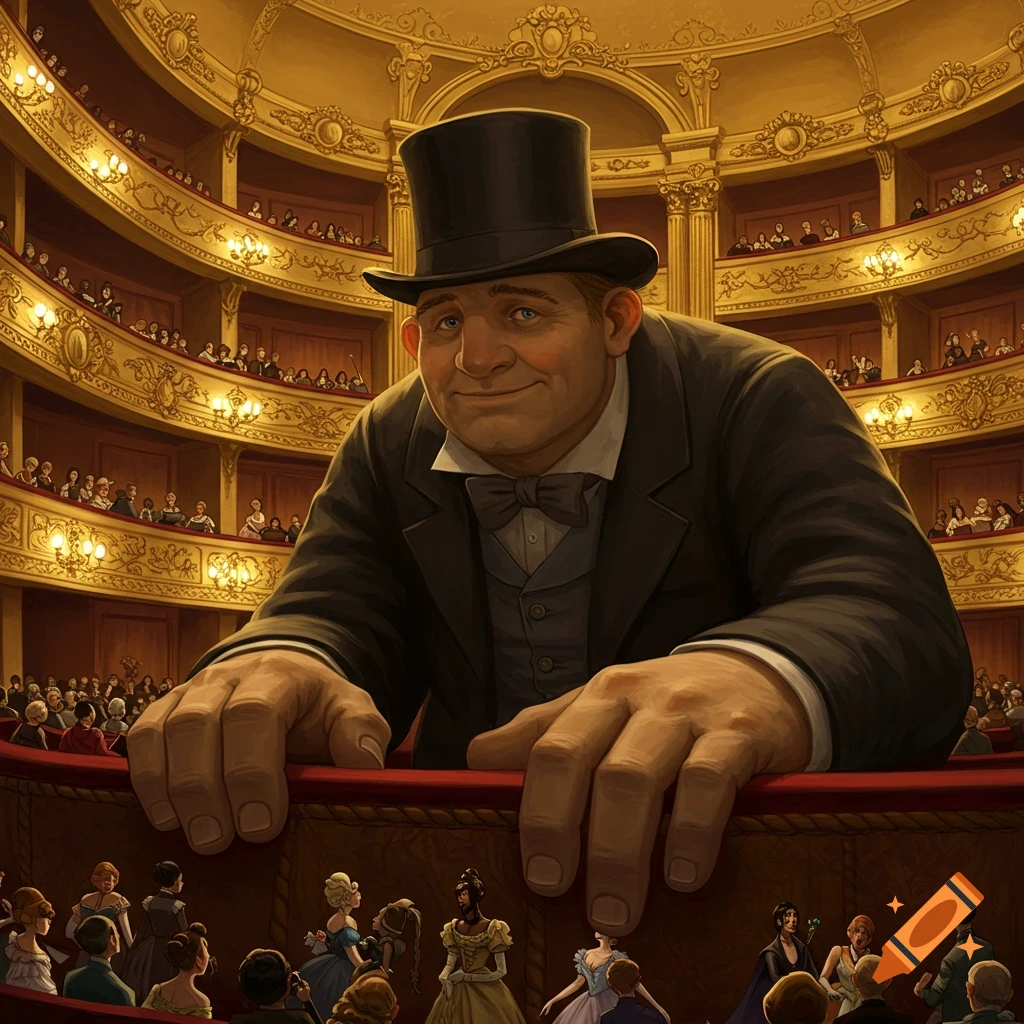 A giant in a top hat looking down from an opera box.