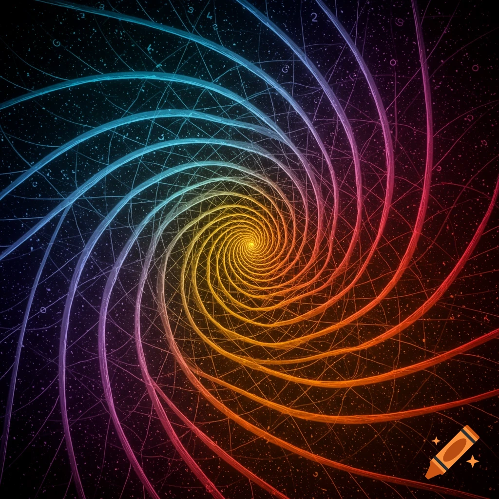 A colorful rainbow spiral on a dark, starry background.