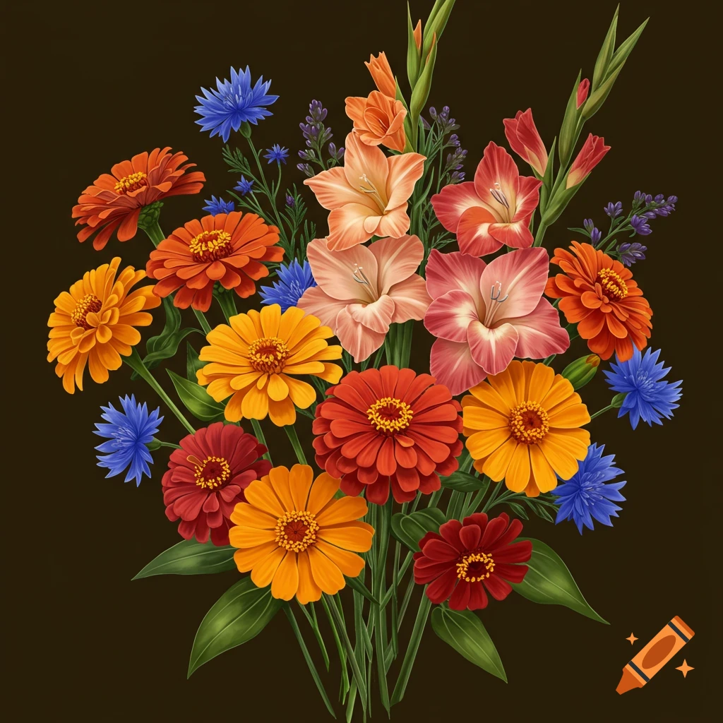 A vibrant bouquet featuring orange and red zinnias and marigolds, pink gladiolas, and blue cornflowers against a dark background.