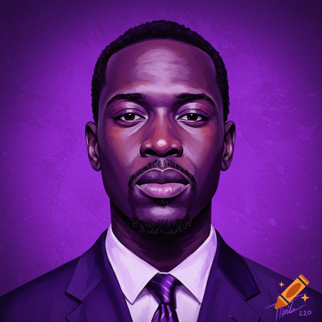 Portrait of a man in a suit with a purple tie against a purple background.