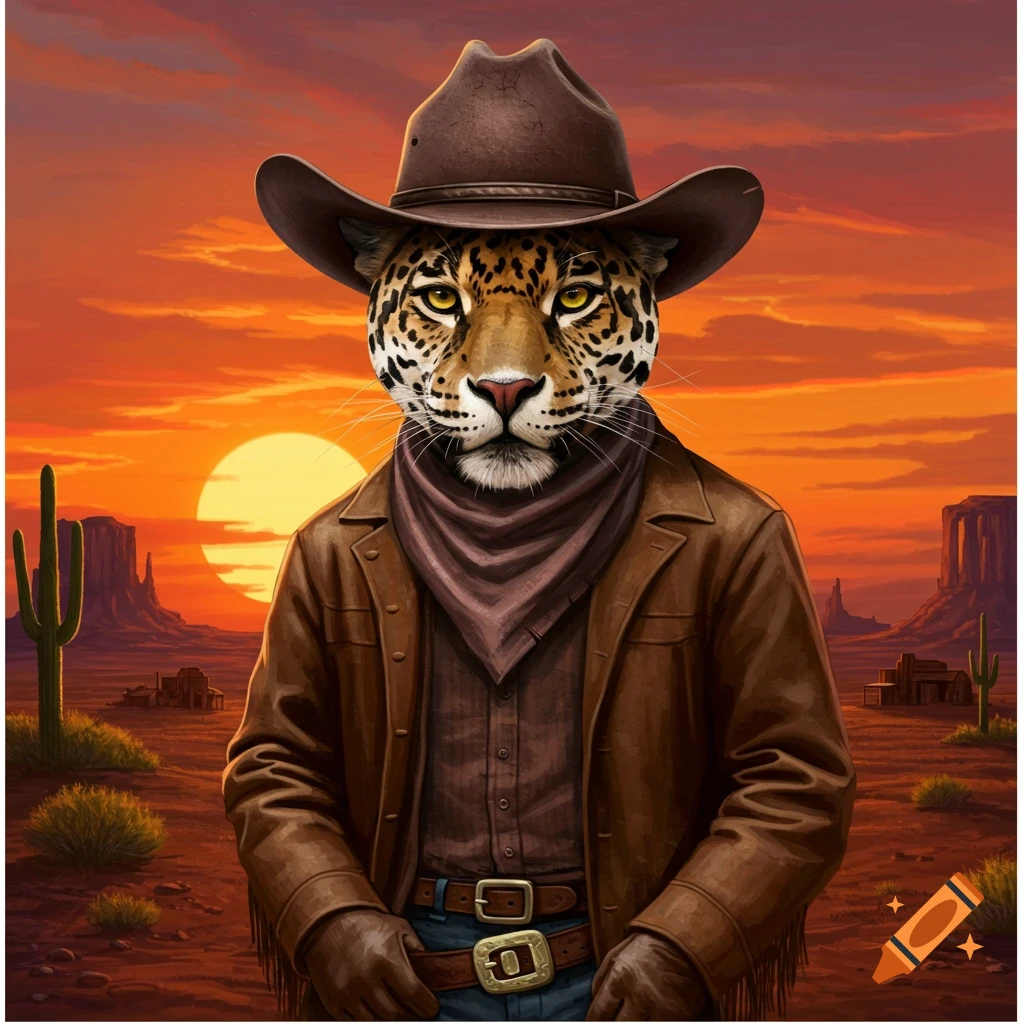 A jaguar in a cowboy hat and outfit stands in the wild west at sunset.