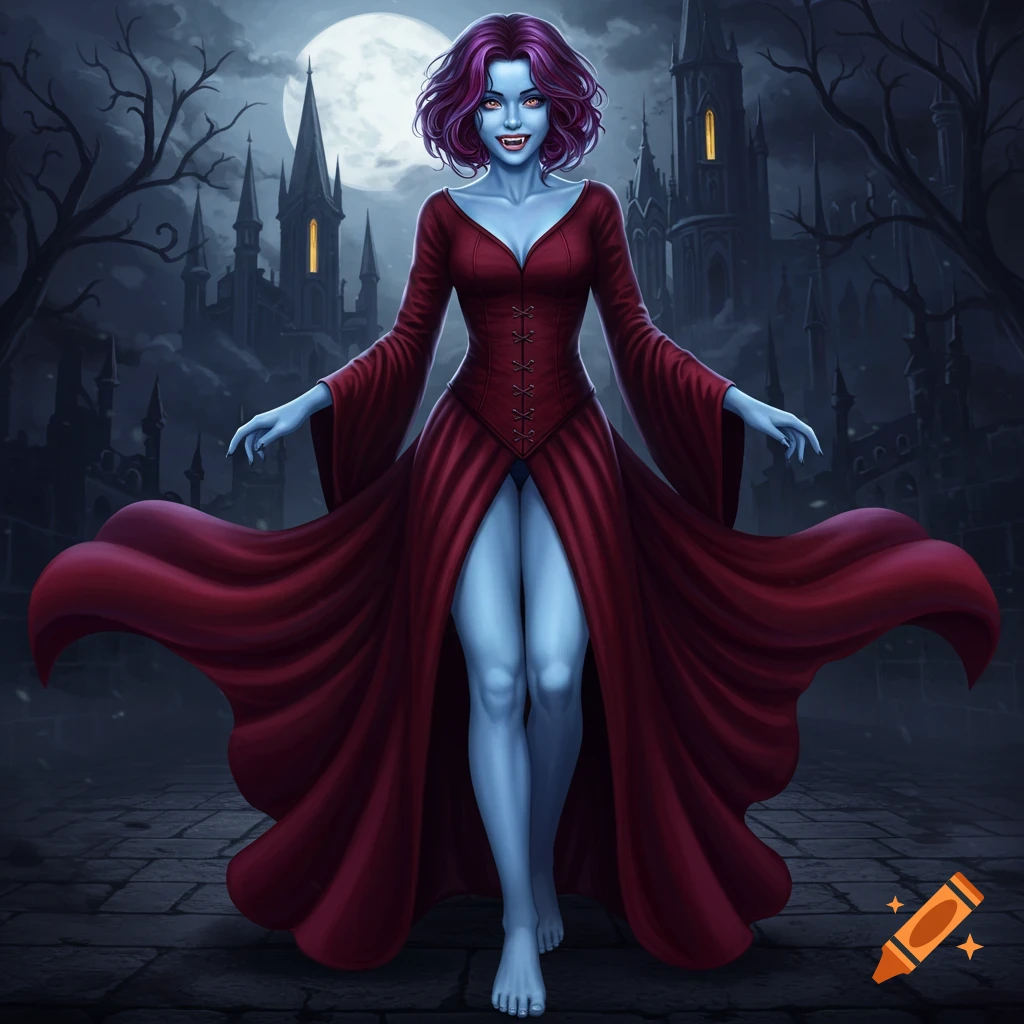 A blue-skinned female vampire in a red dress stands outside a gothic castle under a full moon.