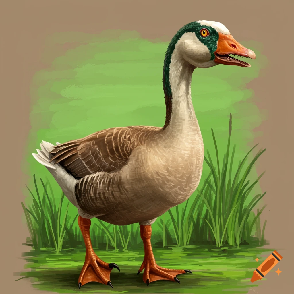 A creature blending features of a velociraptor and a goose, standing in grass.