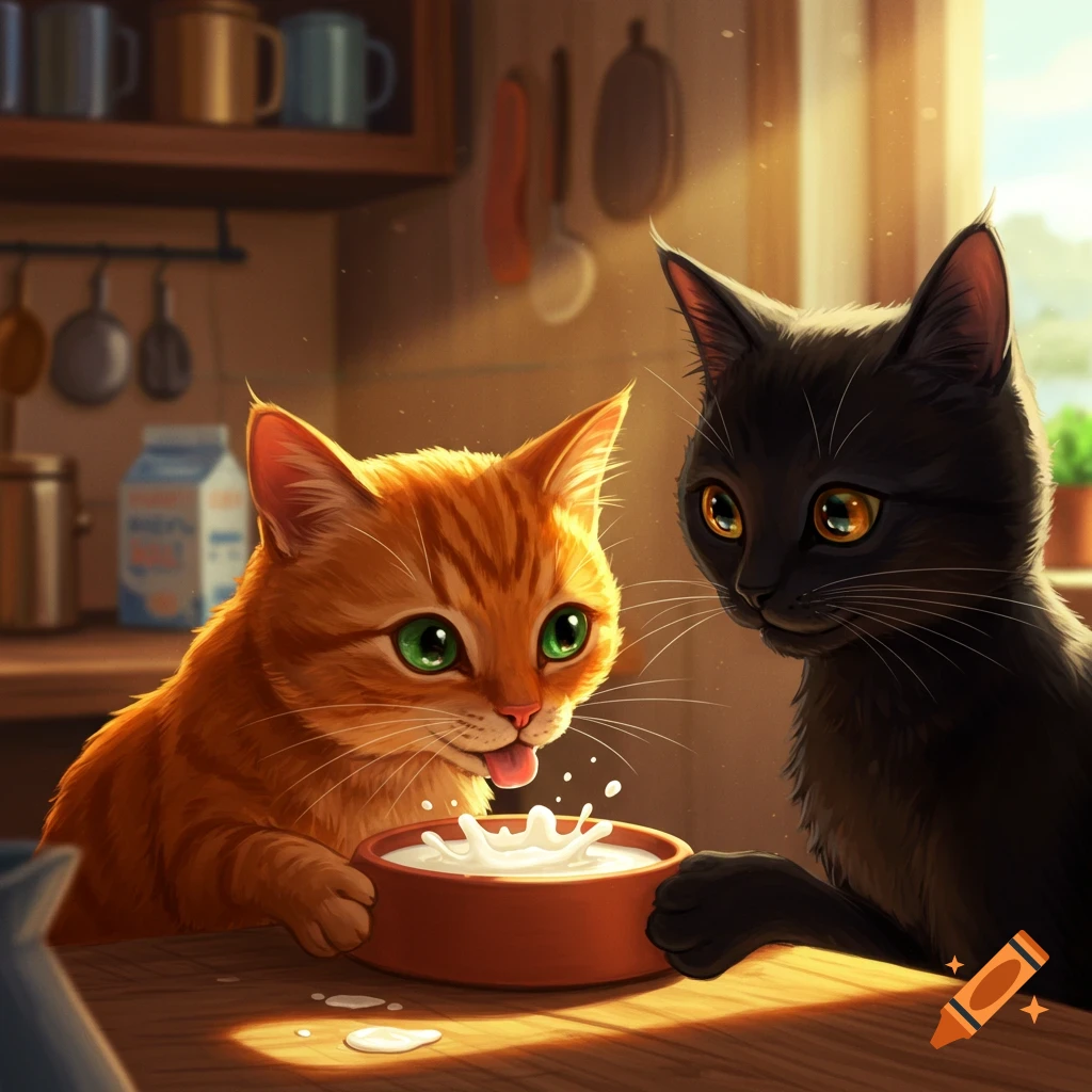 An orange tabby cat is drinking milk from a bowl while a black cat watches in a sunny kitchen.