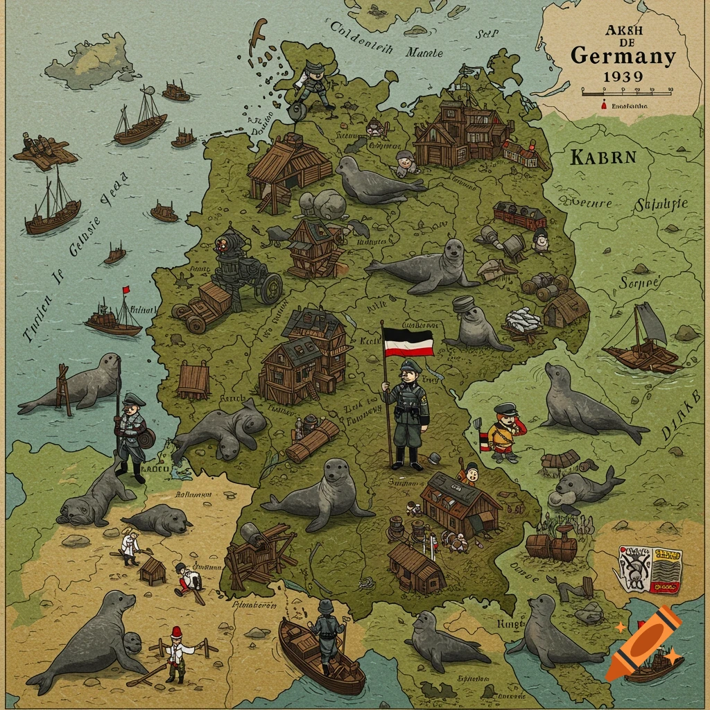 A whimsical cartoon map of Germany in 1939 featuring seals and small human figures instead of people and standard map elements.