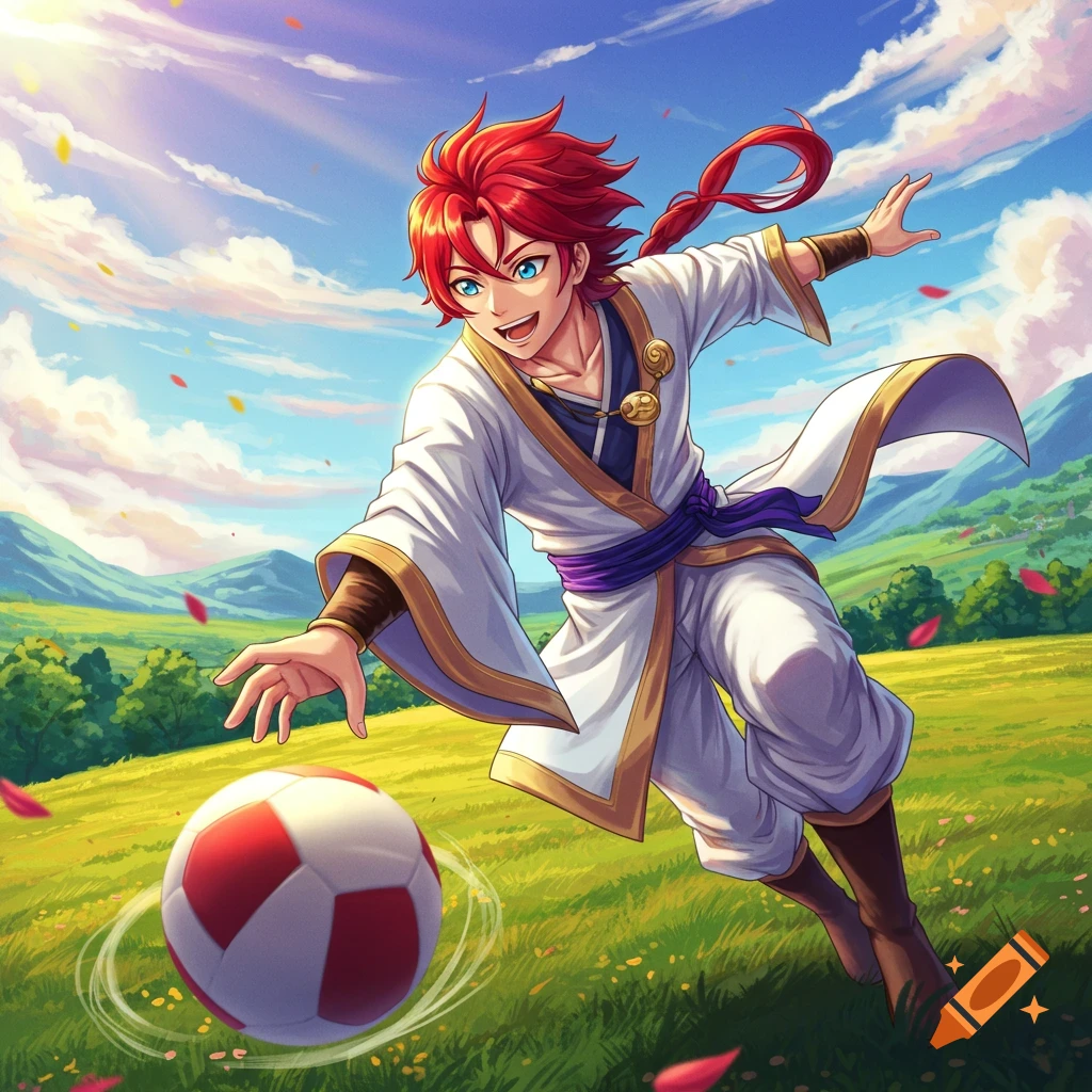 Red-haired anime character in a white robe playing soccer in a field.
