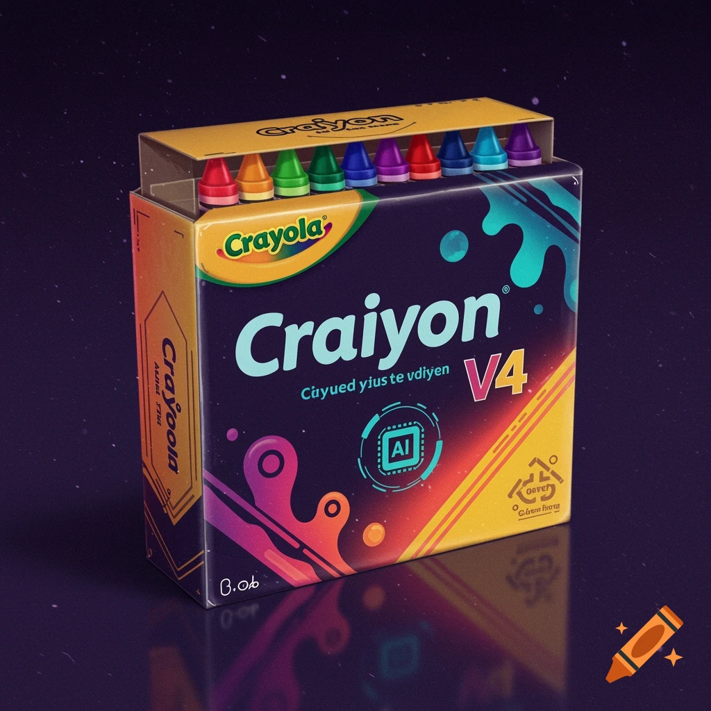 Box of 'Craiyon V4' crayons with futuristic, colorful digital design.