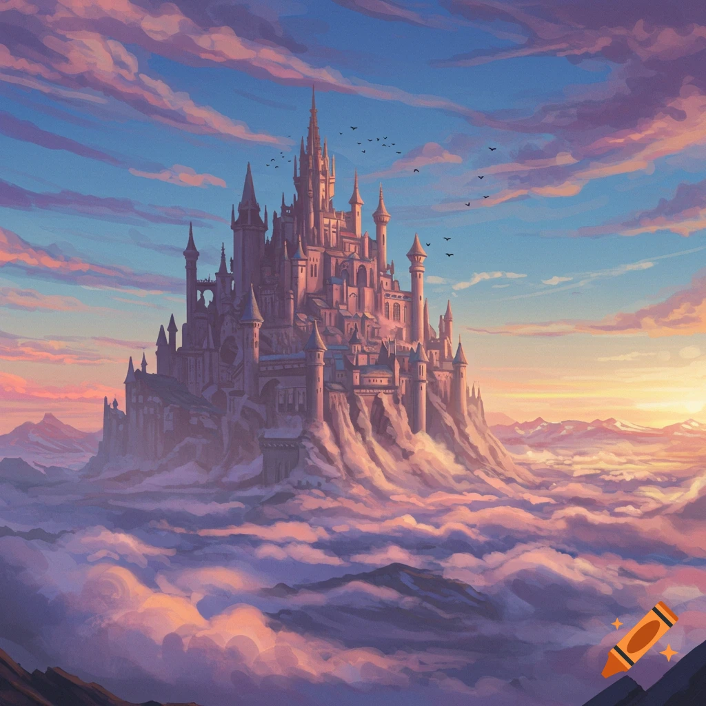 A large fantasy castle sits on a mountain emerging from clouds, under a dramatic sunset sky with birds.