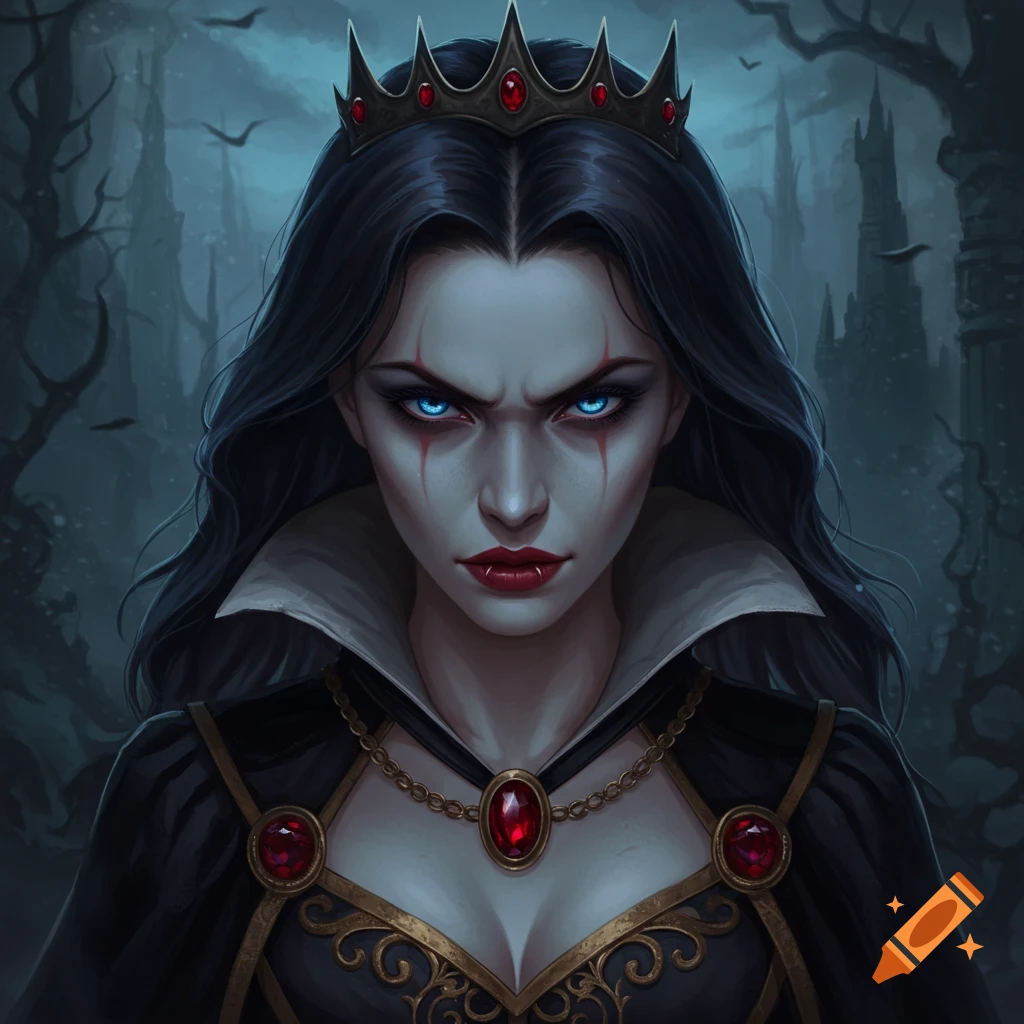 A dark fantasy queen with blue eyes and a crown is depicted in a spooky setting.