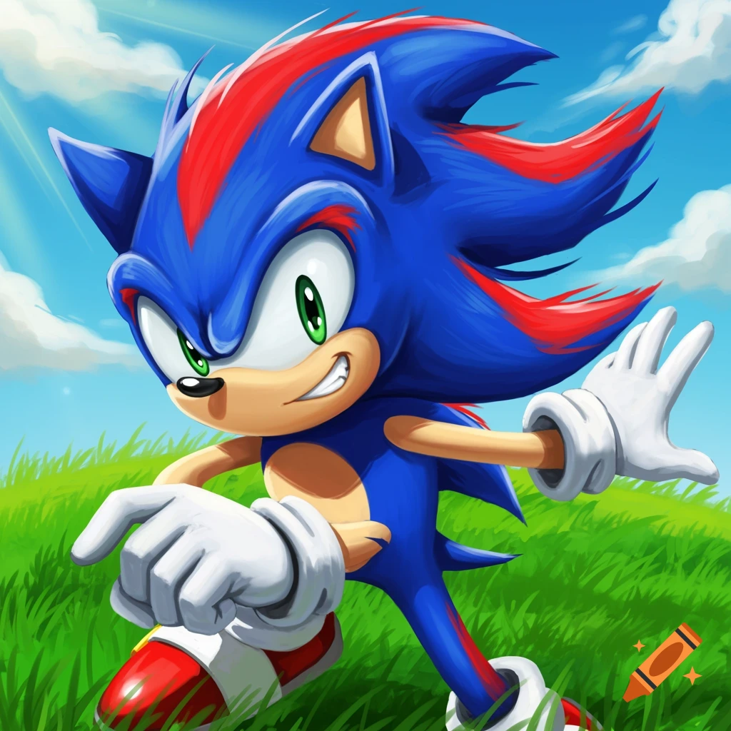 A blue hedgehog with red highlights is running in a grassy field.