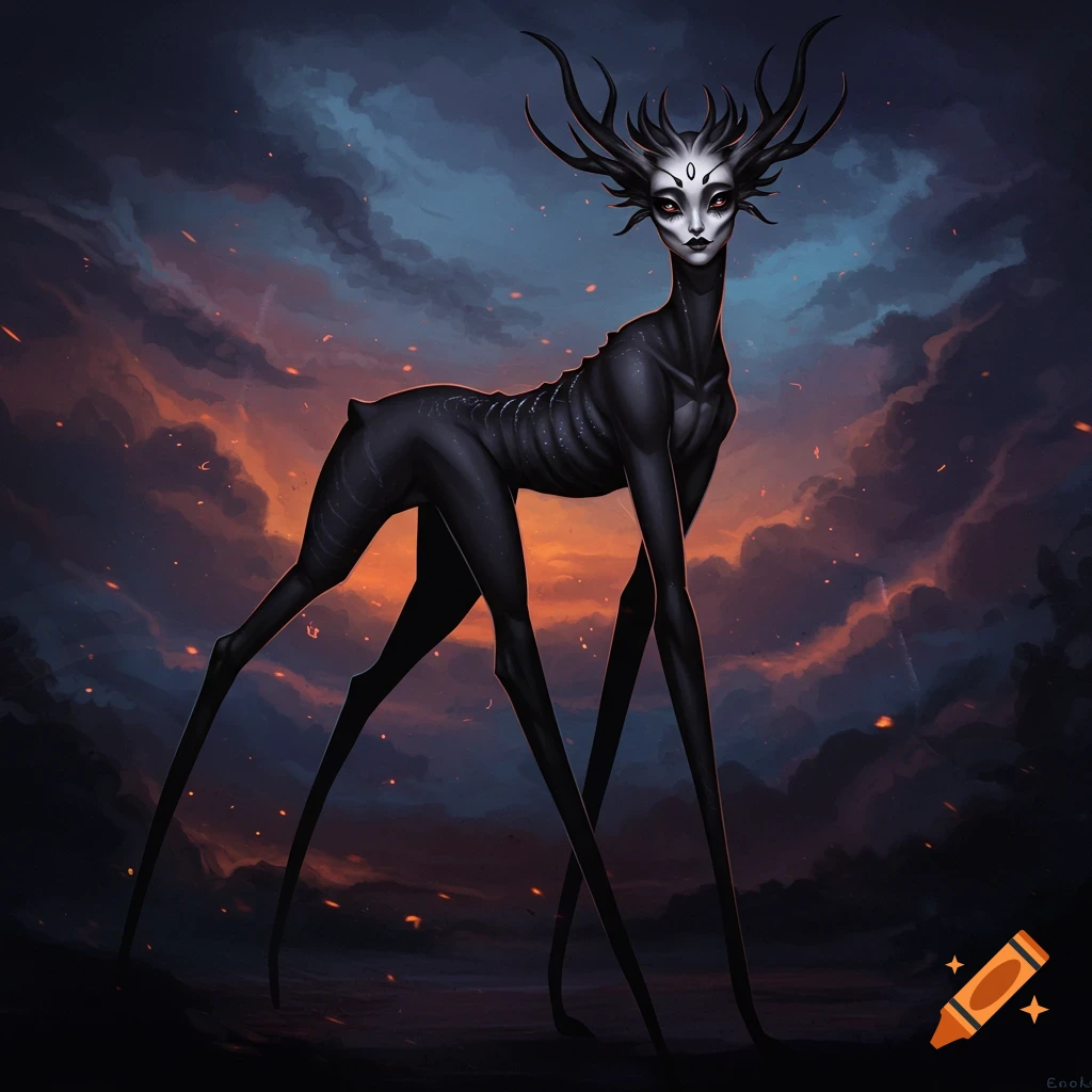 A tall, slender fantasy creature with antlers stands against a dramatic, fiery sky.