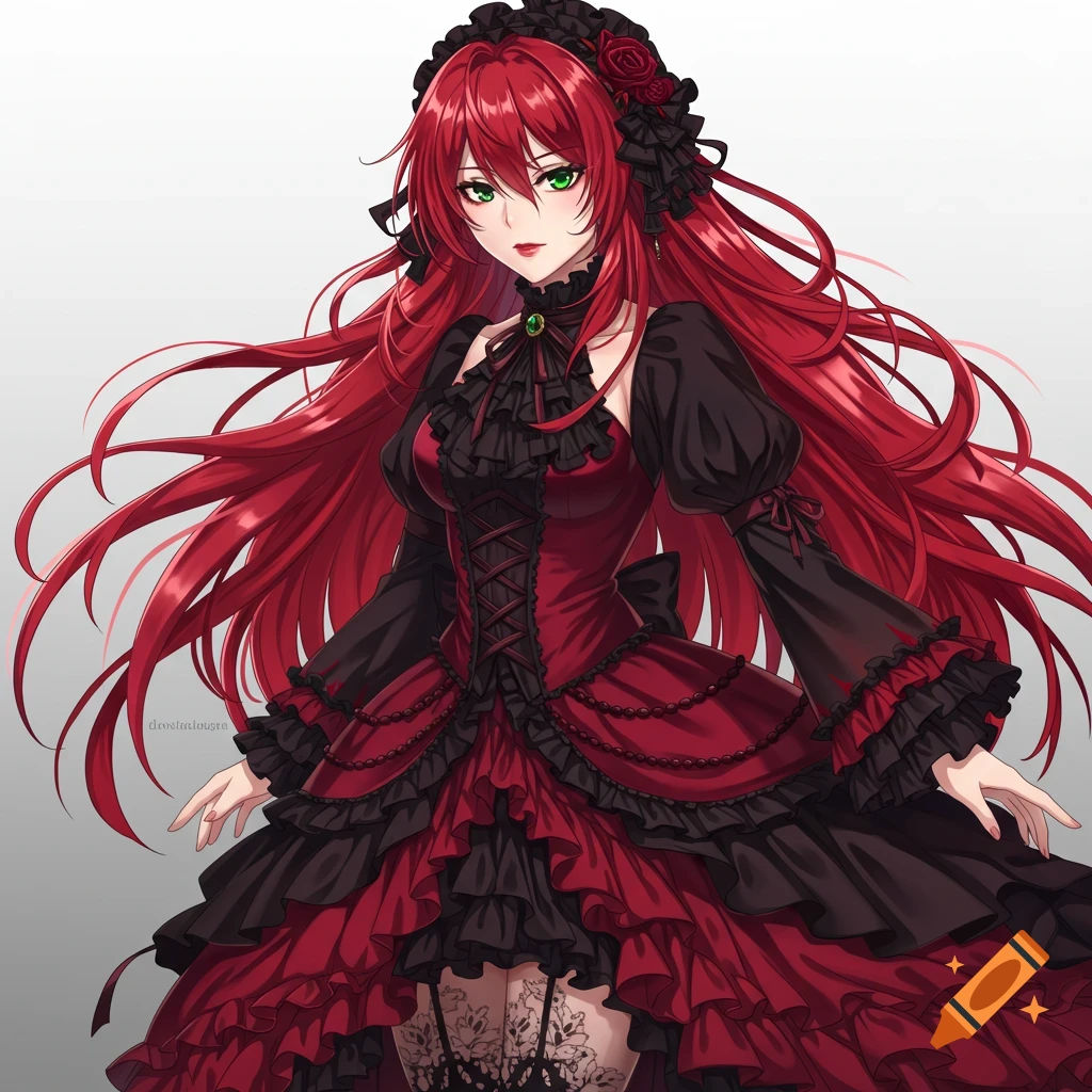 Anime portrait of a girl with long red hair wearing a red and black Victorian dress.
