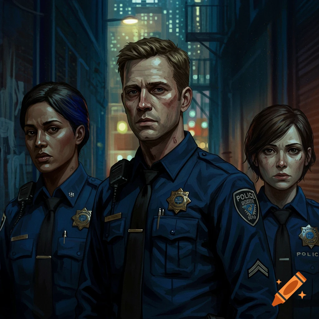 three police officers standing in a dark urban alley at night.