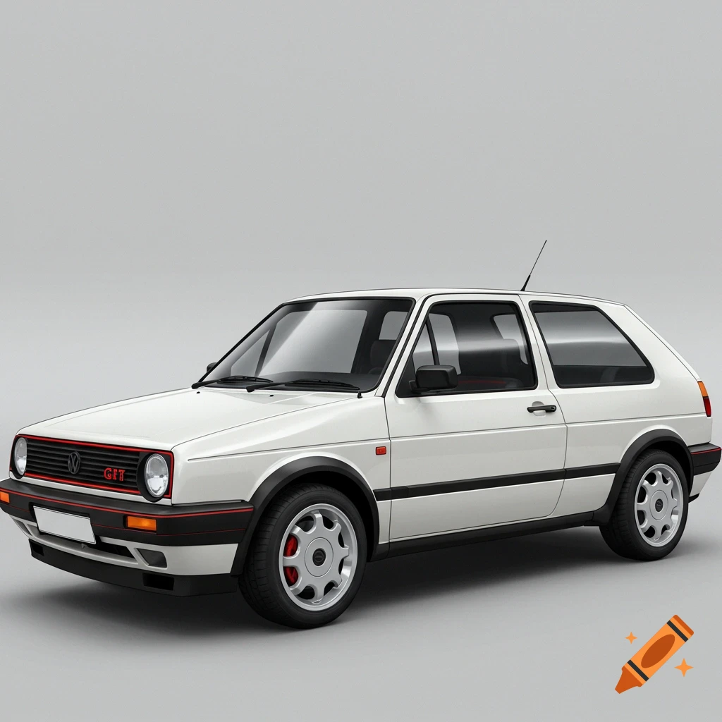 A detailed digital rendering of a white Volkswagen Golf Mk2 GTI.