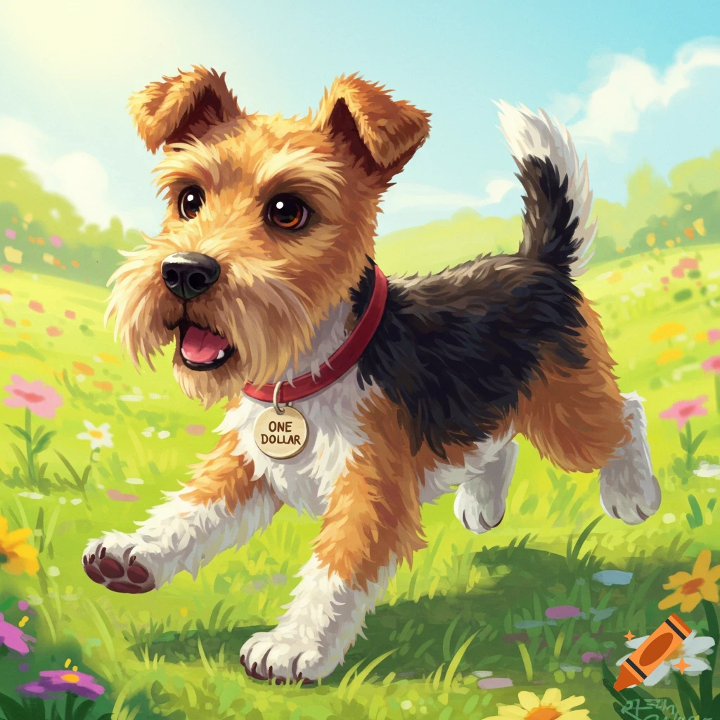 A dog with a 'ONE DOLLAR' tag is running in a flower field.