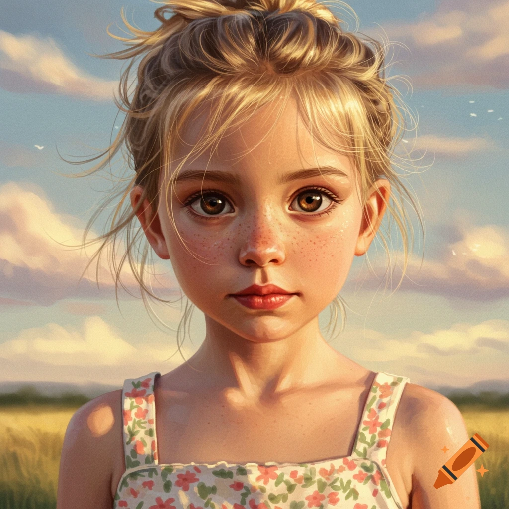 Portrait of a young girl with freckles in a floral dress against a cloudy sky and field.
