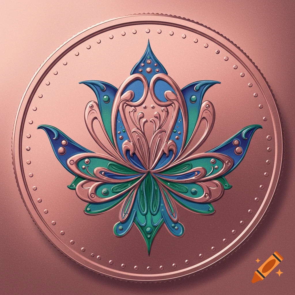 Colorful stylized flower design embossed on a copper coin.