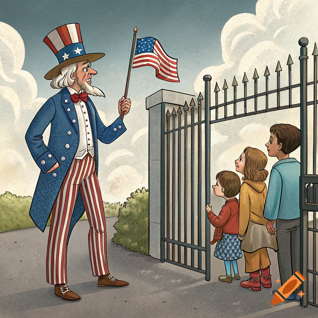 Illustration of Uncle Sam holding a flag and talking to three children outside a gate.