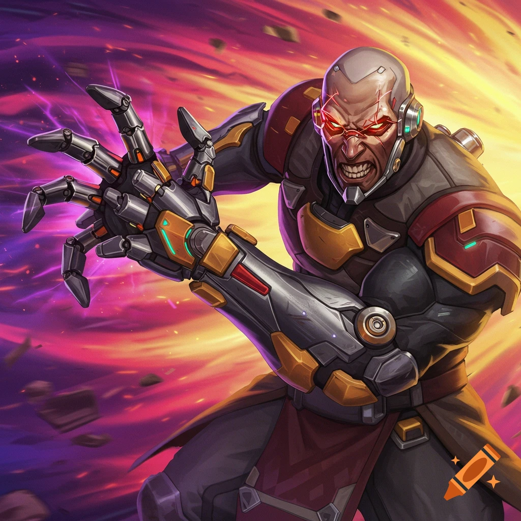 A bald character with glowing red eyes and a large cybernetic arm, grimacing against an explosive background.