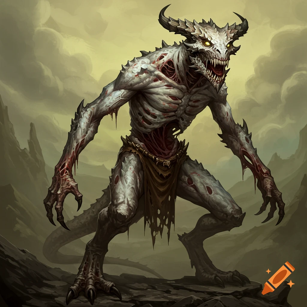 Undead dragon-like creature standing on rocks in a fantasy landscape.