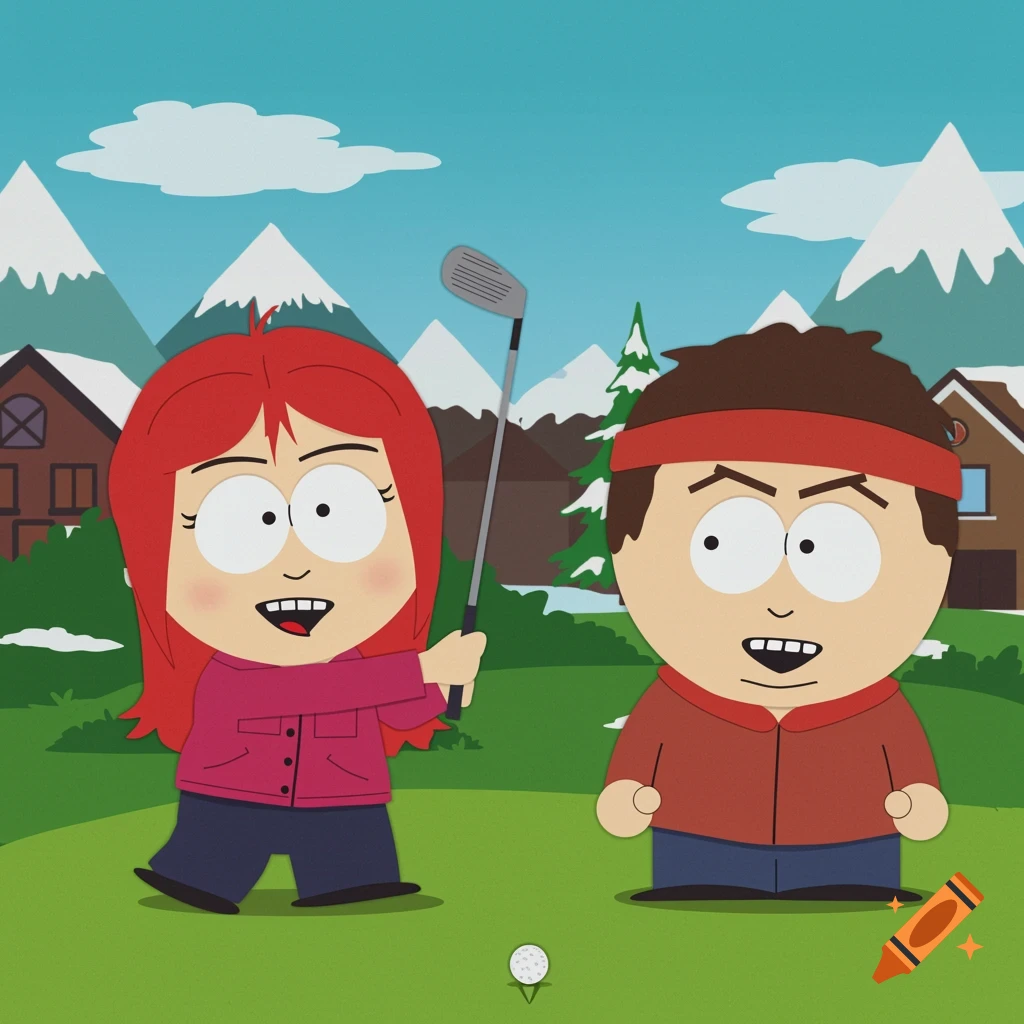Two South Park characters, Wendy and Stan, playing golf
