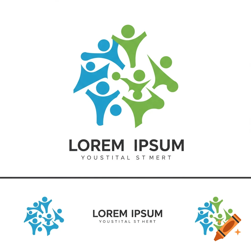 A logo design with blue and green abstract human figures forming a circle, above placeholder text.