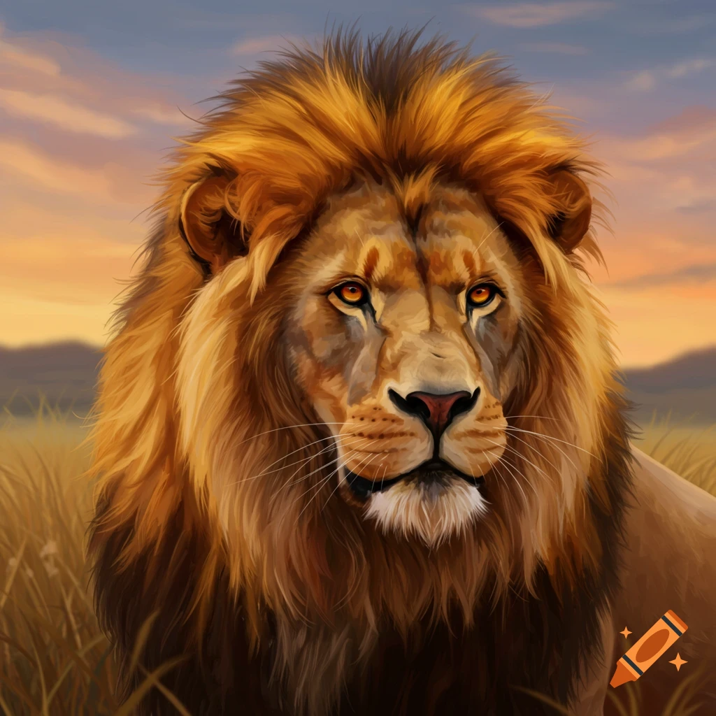 A lion's face and mane against a sunset background.
