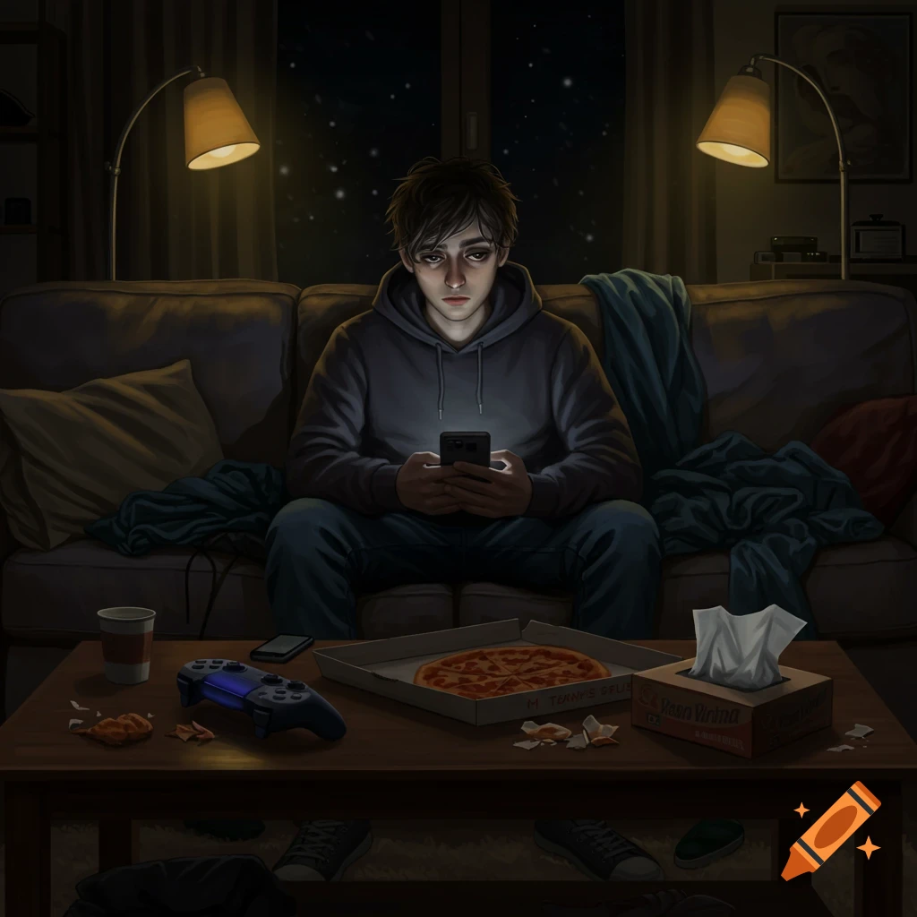 A tired young man is on a couch, looking at his phone. He is surrounded by pizza and gaming gear.