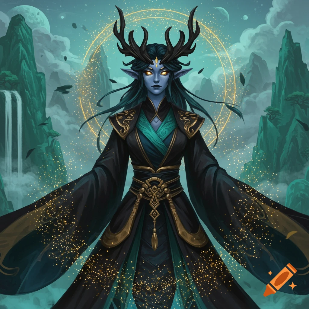 Fantasy character with blue skin and antlers in elaborate black and gold robes stands in a mountain landscape with a waterfall, Genshin Impact style.