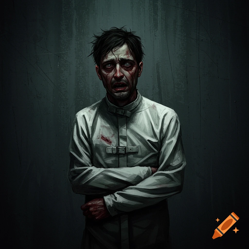 A distressed man in a strait jacket with bloodstains.
