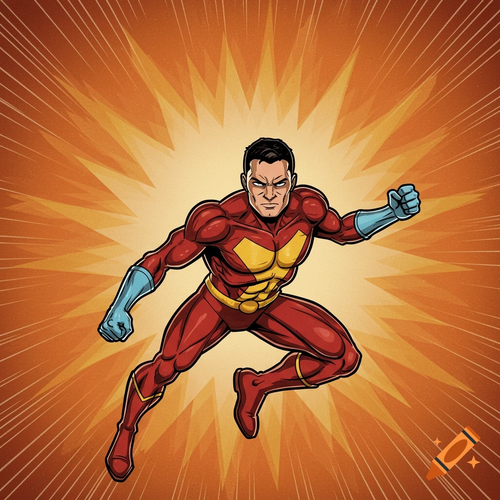 A superhero in a red and yellow suit leaps against an orange radial background.