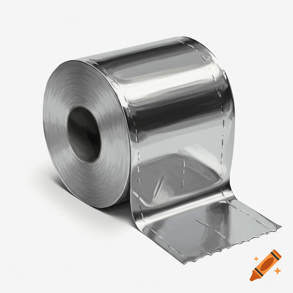 A roll of shiny chrome toilet paper is shown on a white background.