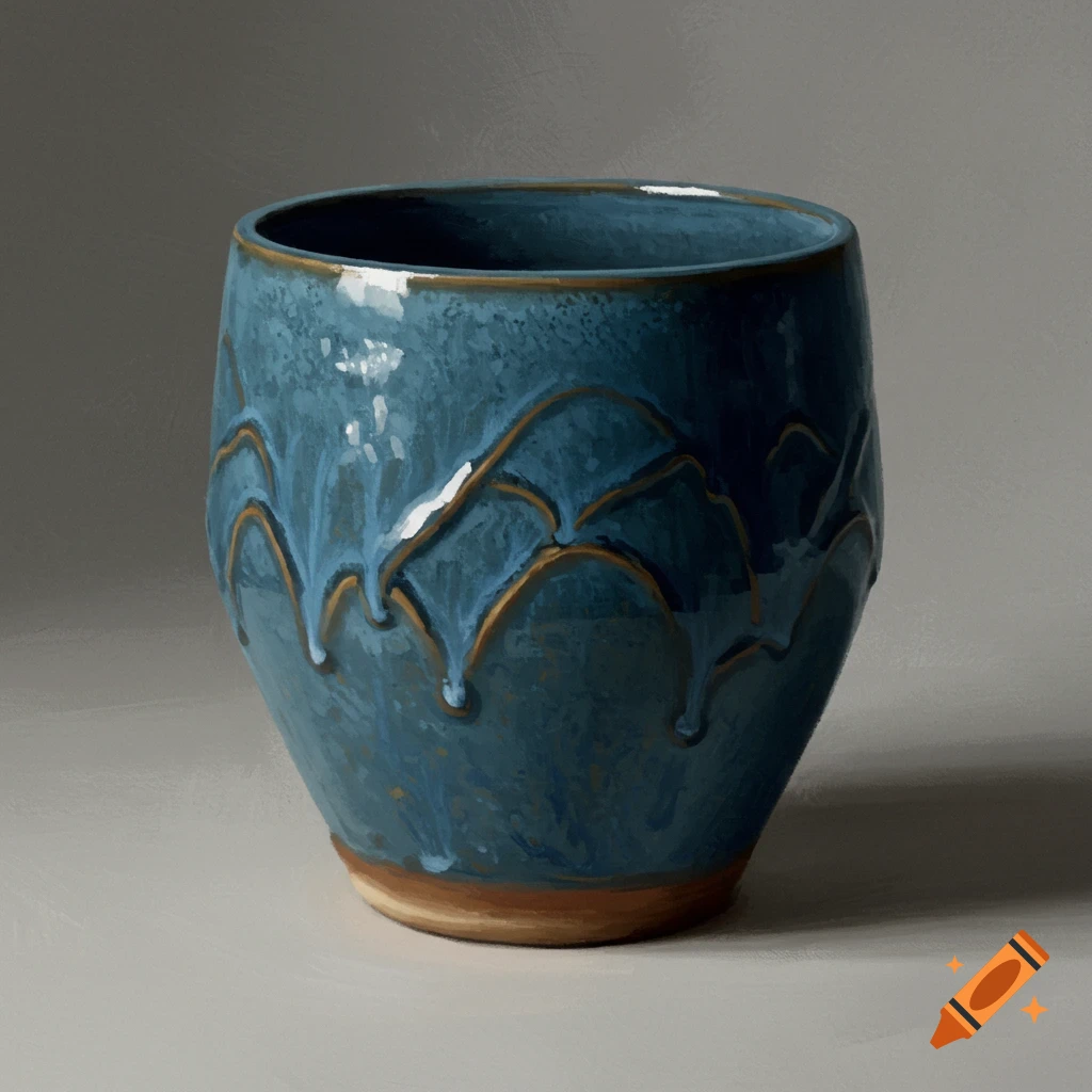 A painting of a blue ceramic pot with decorative gold lines and dripping glaze.