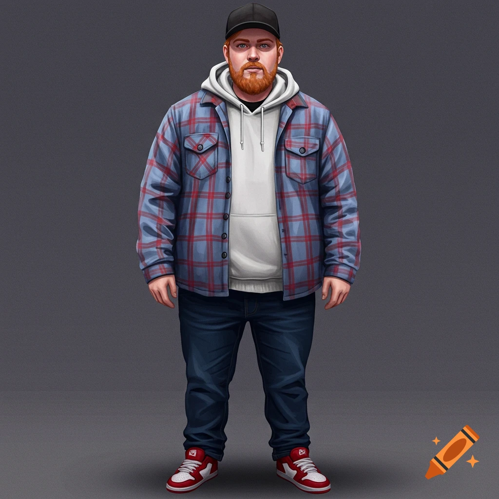 A man wears a red beard, a cap, a flannel shirt, a hoodie, jeans, and sneakers.