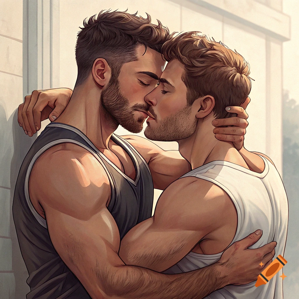 Two muscular men kiss and hug.