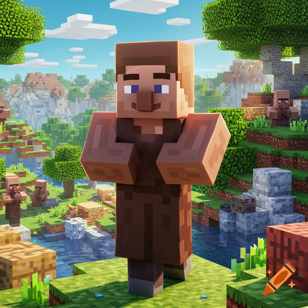 A Minecraft villager stands in a blocky landscape with water, trees, and other villagers in the background.