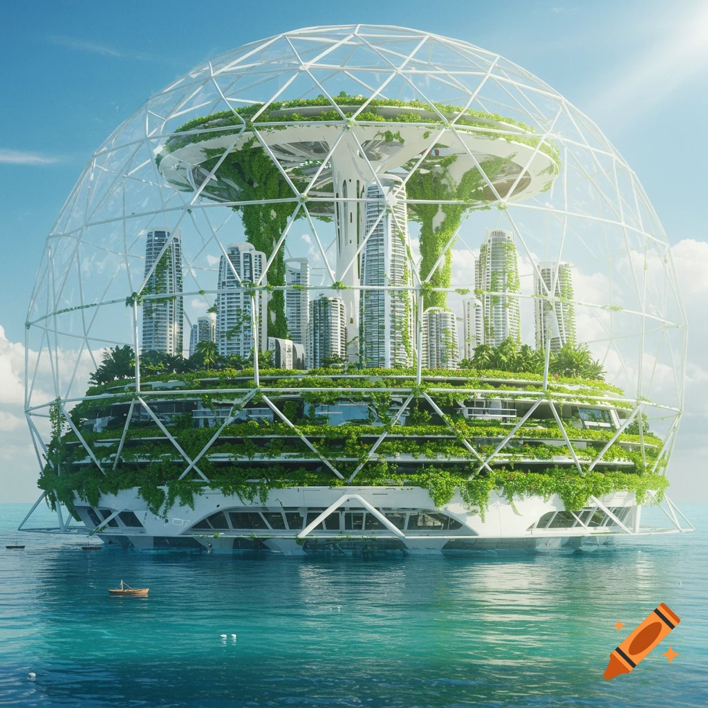 A futuristic eco-dome city with skyscrapers and plants floating on the ocean.