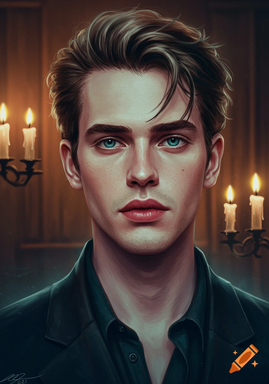 A portrait of a man with blue eyes, sharp jawline, messy hair, and candles in the background.