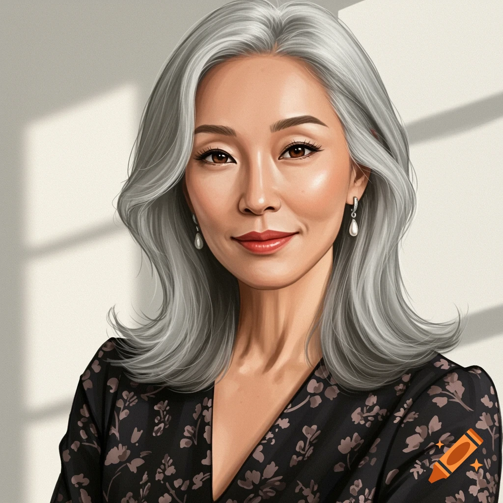 An East Asian woman with gray hair wearing a floral dress.