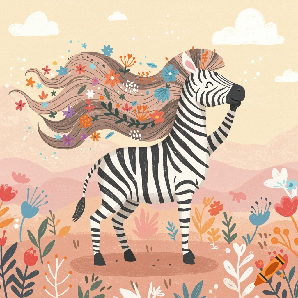 A whimsical illustration of a zebra with flowers in its mane standing in a field.