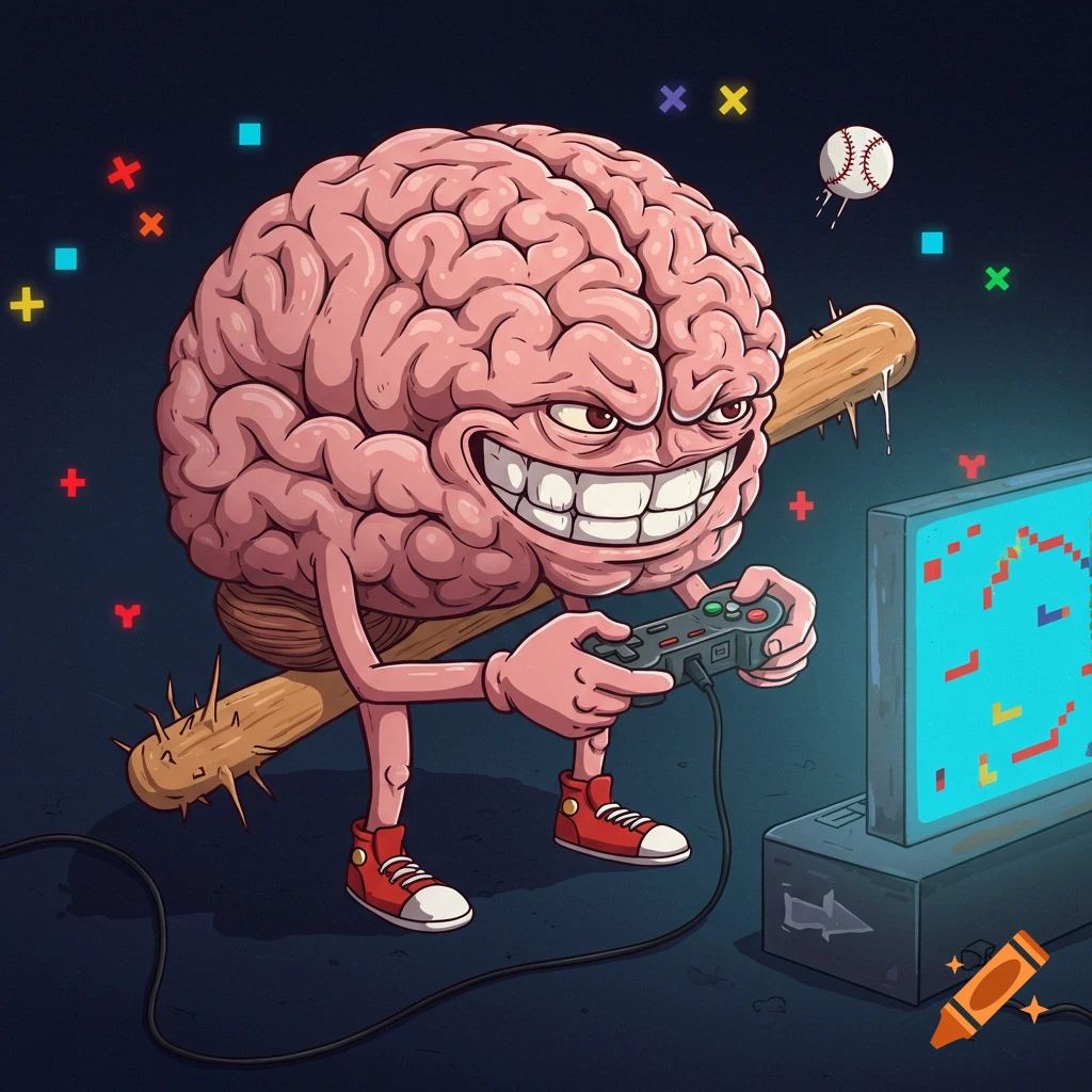 Cartoon illustration of a brain with limbs playing a video game on a monitor, holding a controller and baseball bat.