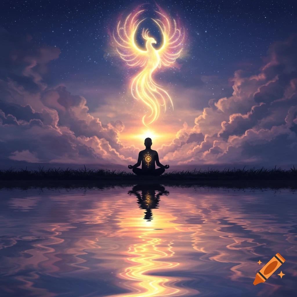 A silhouette meditates by water as a glowing phoenix rises against a sunset sky with clouds and stars.