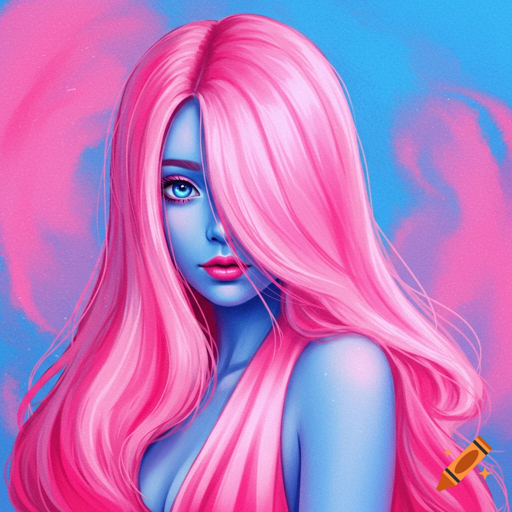 Blue-skinned woman with long pink hair covering face, pink and blue background.