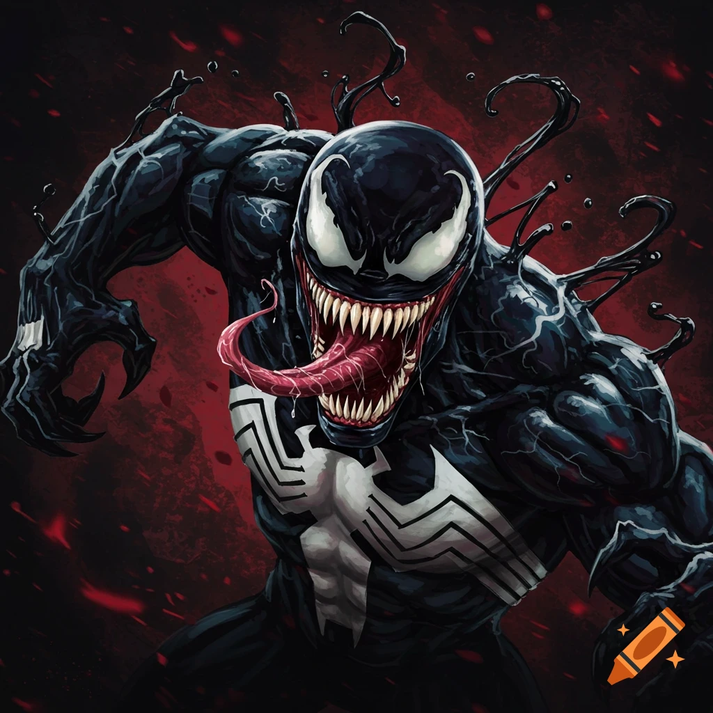 Image of the superhero Venom with sharp teeth, long tongue, and spider symbol.
